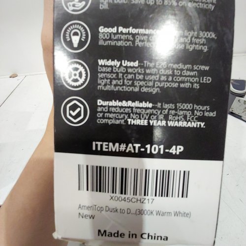 4PK AMERITOP DUSK TO DAWN LED LIGHT BULBS - 10W, 800 LM, 3000 K - WARM WHITE (ITEM: AT-101-4P) image 2