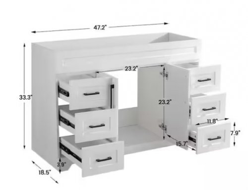 TONYRENA WOODEN BATH VANITY CABINET, NO SINK TOP - 47" X 18" X 33" - WHITE - (MODEL: TR48W-DF) image 2