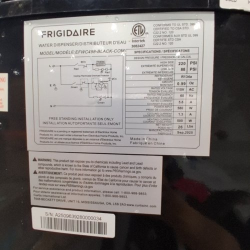 FRIGIDAIRE TOP-LOAD HOT & COLD WATER COOLER/DISPENSER - FITS 3-5 GALLON BOTTLES - BLACK (MODEL: EFWC498) image 6