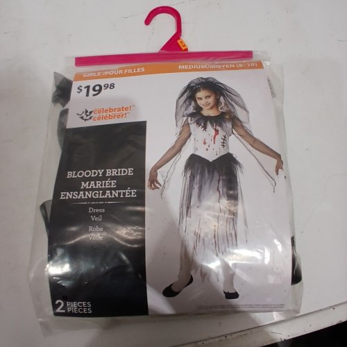 2PC GIRLS WAY TO CELEBRATE BLOODY BRIDE COSTUME DRESS AND VEIL - MEDIUM (8-10) - WHITE/BLACK/RED image 2