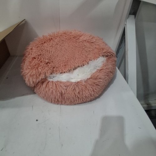 GAVENIA ROUND FLUFFY HOODED CAT/PET/SMALL DOG NEST BED - 16" - WHITE/PINK image 2