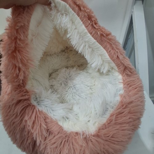 GAVENIA ROUND FLUFFY HOODED CAT/PET/SMALL DOG NEST BED - 16" - WHITE/PINK image 3