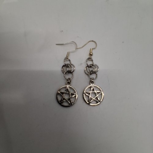 1PR WOMENS PENTAGRAM DANGLE EARRINGS -45 MM- SILVER-TONE image 2
