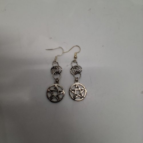 1PR WOMENS PENTAGRAM DANGLE EARRINGS -45 MM- SILVER-TONE image 3