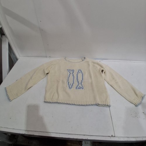 WOMEN'S KNIT PULLOVER SWEATER - LARGE - CREAM/BLUE image 2