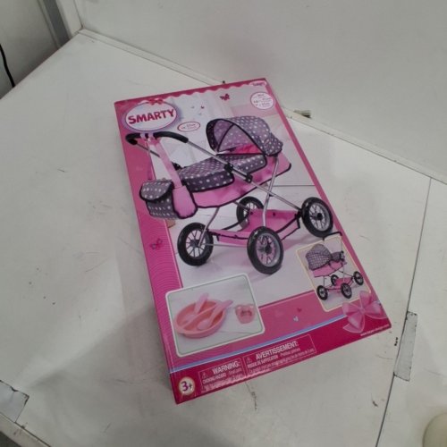 BAYER SMARTY DOLL PRAM STROLLER TOY - FOR DOLLS UP TO 18" - 23" X 15" X 22" - PINK/GREY DOTS (MODEL: 12266AB) image 2