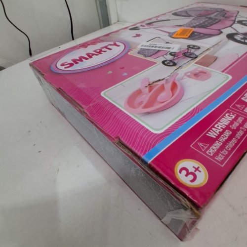 BAYER SMARTY DOLL PRAM STROLLER TOY - FOR DOLLS UP TO 18" - 23" X 15" X 22" - PINK/GREY DOTS (MODEL: 12266AB) image 3