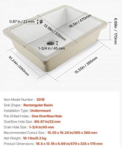 VEVOR VESSEL SINK - 18.5" X 13.19" X 6.69" - WHITE (MODEL: 3018) image 2