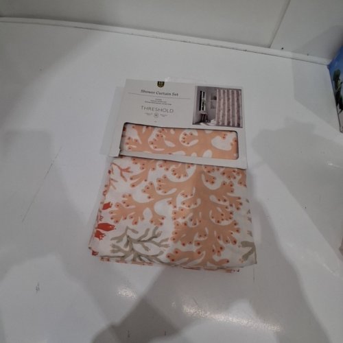 THRESHOLD SHOWER CURTAIN SET - 72" X 72" - WHITE/CORAL/ TAUPE image 2
