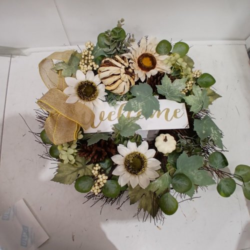 AUTUMN FLORAL BILINGUAL WELCOME/BIENVENUE WREATH - 21" - NEUTRAL GOLD image 2