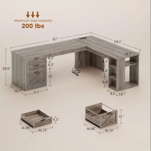 GRACIE OAKS L-SHAPED FARMHOUSE WOODEN EXECUTIVE DESK WITH DRAWERS, SHELVES, & CHARGING STATION - 67" X 55" X 29" - GREY-BROWN - (MODEL: AJ-DJ505937_3) image 2