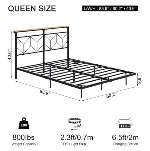 HAUSOURCE FLOATING METAL BED FRAME WITH STORAGE HEADBOARD, LED LIGHTS, & CHARGING STATION - QUEEN - BLACK - (MODEL: HB0907) image 2