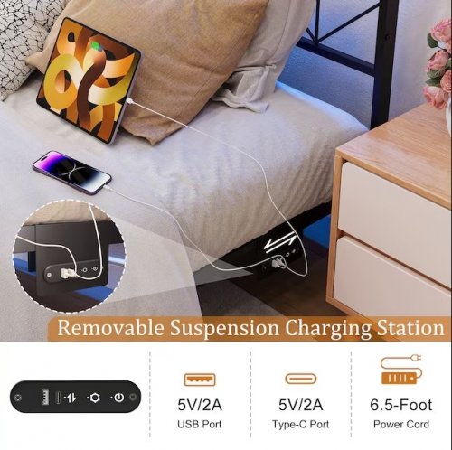 HAUSOURCE FLOATING METAL BED FRAME WITH STORAGE HEADBOARD, LED LIGHTS, & CHARGING STATION - QUEEN - BLACK - (MODEL: HB0907) image 3