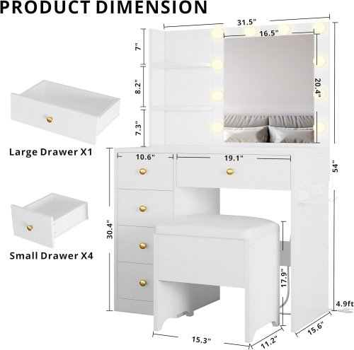 2PC IRONCK SMALL MAKEUP VANITY DESK WITH LED MIRROR, STORAGE STOOL AND CHARGING STATION - 31.5" - WHITE (MODEL: HK-JCS-29) image 5