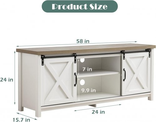 GAZHOME FARMHOUSE WOODEN TV STAND TABLE WITH SLIDING BARN DOORS - 58" X 16" X 24" - WHITE W/ BROWN TOP - (MODEL: GA220501-WH00-01) image 2