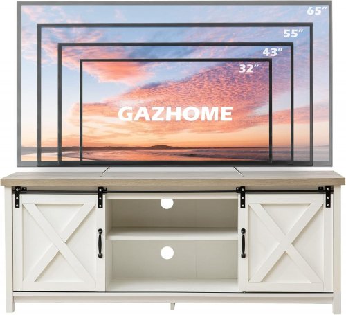 GAZHOME FARMHOUSE WOODEN TV STAND TABLE WITH SLIDING BARN DOORS - 58" X 16" X 24" - WHITE W/ BROWN TOP - (MODEL: GA220501-WH00-01) image 3