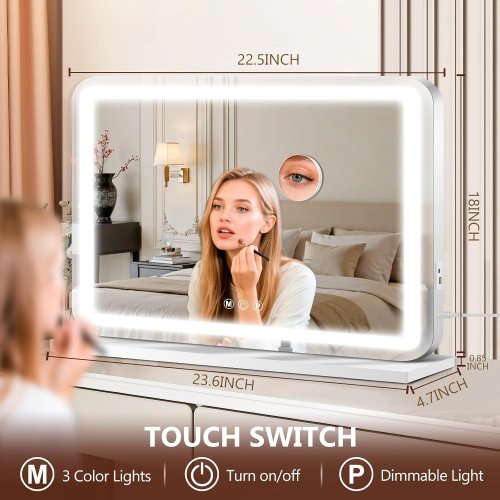 RATSAMEE LIGHTED LED VANITY MAKEUP MIRROR WITH 3 DIMMABLE LIGHT SETTINGS & CHARGING PORT - 18" X 23" - WHTIE image 3