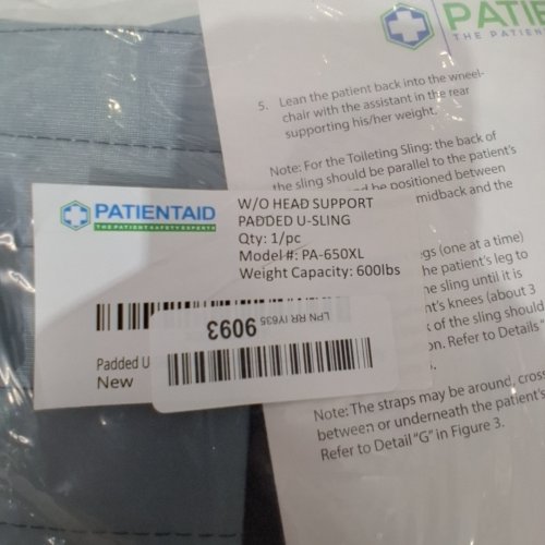 PATIENT AID PADDED U-SLING WITHOUT HEAD SUPPORT - 600 LBS WEIGHT CAPACITY/EXTRA LARGE - GRAY AND BLACK (MODEL: PA-650XL) image 2