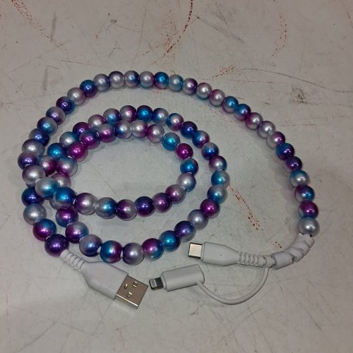 YEBOLU PEARL BEADED DUAL. USB- C AND LIGHTINING CAHRGING CORD - 3FT - PURPLE/BLUE/PINK image 3