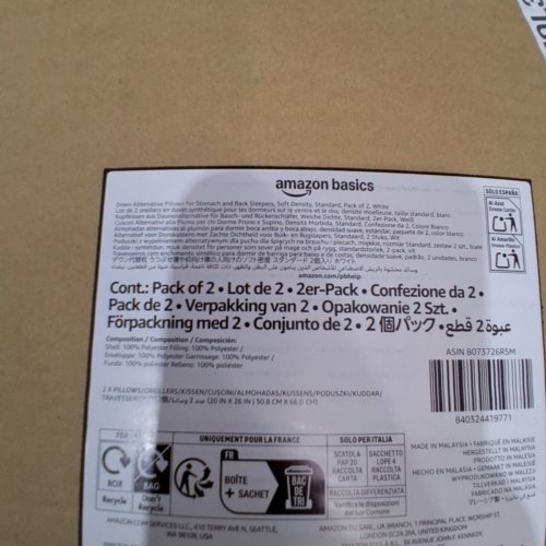 2PK AMAZON BASICS SOFT DENSITY DOWN ALTERNATIVE BED PILLOWS FOR STOMACH AND BACK SLEEPERS - 20" X 36" - WHITE image 3