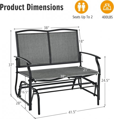 TANGKULA OUTDOOR PATIO GLIDER SWING BENCH FOR 2 PEOPLE - 37" X 41.5" X 28" - GREY (MODEL: NP12182GR) image 2