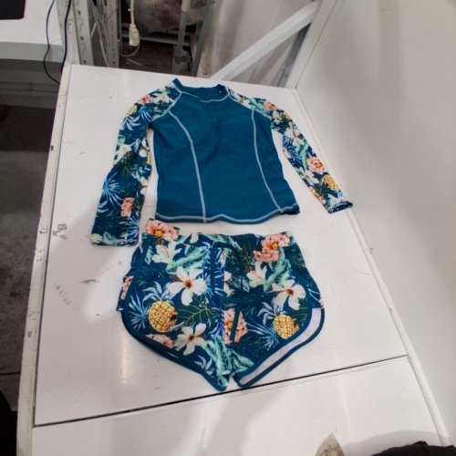 2PC LONG SLEEVE RASH GUARD AND SHORTS SWIMWEAR SET - LARGE - TEAL TROPICAL FLORAL image 2