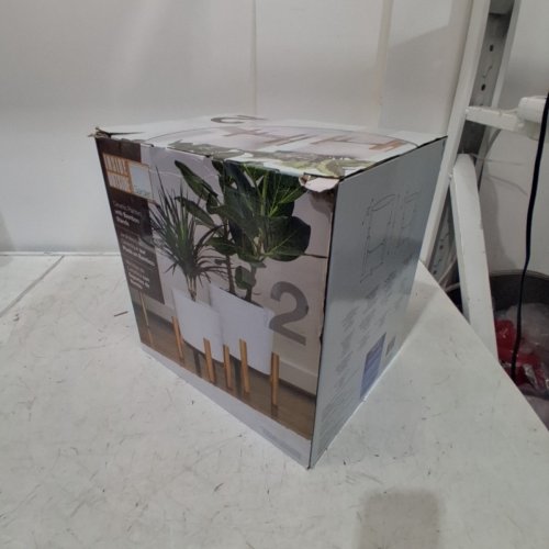 2PK INDOOR/OUTDOOR CERAMIC GARDEN PLANTERS WITH BAMBOO STANDS - 9.2" / 7.7" - WHITE/WOOD (MODEL: 1807223) image 3