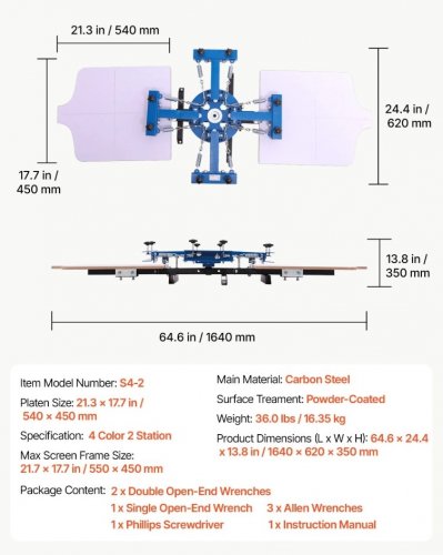 ROTATING SILK SCREEN PRINTING PRESS MACHINE, 2 WORK STATIONS & 4 COLORS - 21" X 18" - BLUE/BLACK - (MODEL: S4-2) image 3