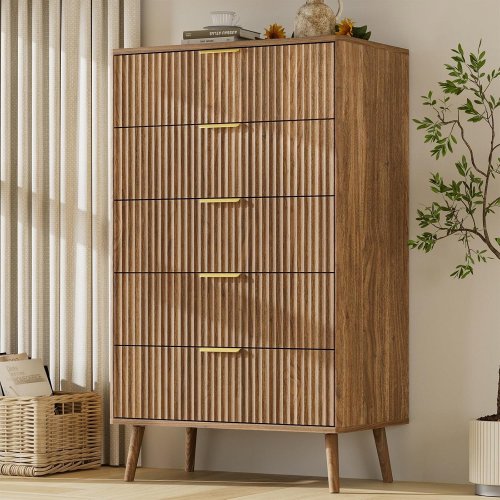 LYNSOM FLUTED 5-DRAWER DRESSER - 27.6" X 15.7" X 45.5" - NATURAL WALNUT WOOD (MODEL: FH0048WL) image 2