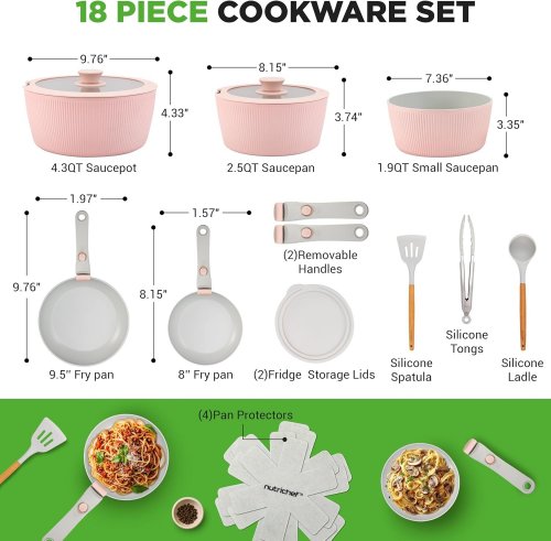 11PC NUTRICHEF NON STICK CERAMIC COOKWARE SET WITH DETACHABLE HANDLES - PINK (MODEL:NCCS18DTHPK) image 2