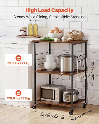 3-TIER HEAVY DUTY KITCHEN UTILITY STORAGE CART - 23.7" X 15.8" X 35.5" - BLACK (MODEL: CFTC-GW-001) image 2