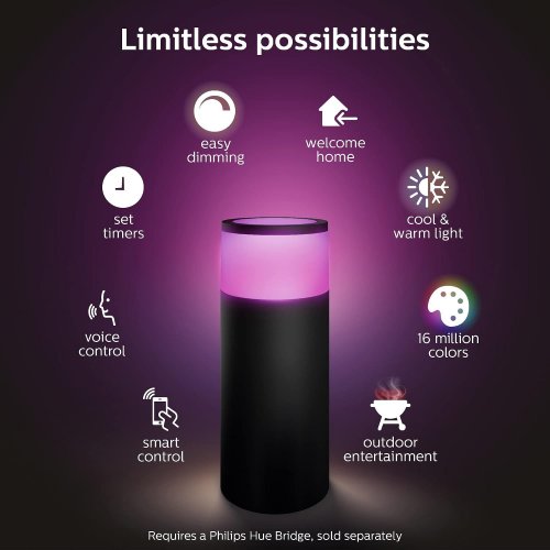 PHILIPS HUE CALLA BOLLARD WEATHERPROOF LED WALKWAY LIGHT - REQUIRES BRIDGE AND POWER SUPPLY - CONTROL WITH APP & VOICE - 8W - 600LM - 2000K TO 6500K - BLACK (MODEL: ‎802082) image 2