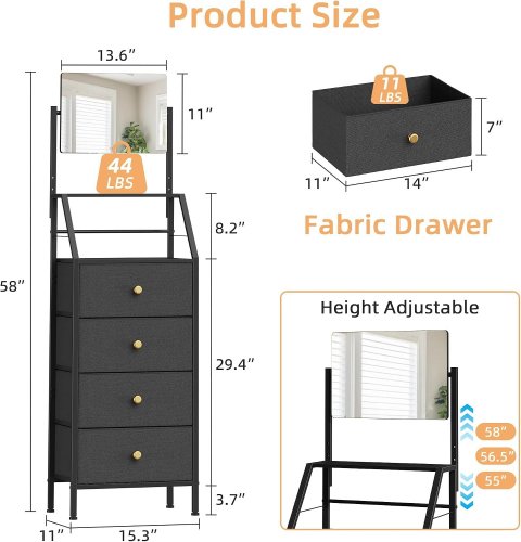 VANITY DRESSEER STORAGE RACK WITH MIRROR - 58" X 11" X 15" - BLACK - (MODEL: V.HZY.250307) image 2