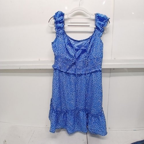 WOMENS SQUARE NECK FLORAL DOT RUFFLE DRESS - MEDIUM - BLUE/WHITE image 3