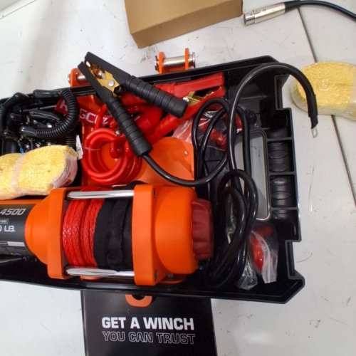 UGCEL ELECTRIC PORTABLE UTILITY SINGLE LINE PULL WINCH WITH STEEL MOUNTING PLATE, INTEGRATED HAWSE FAIRLEAD AND SYNTHETIC ROPE AND REMOTE - 12V DC - 4500LB/2041KG - BLACK/ORANGE (MODEL: TK4500) image 4