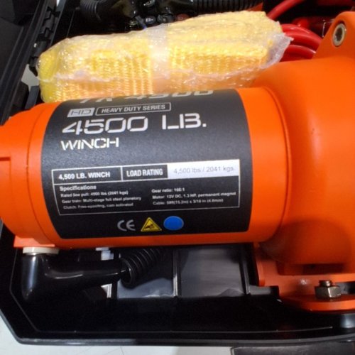 UGCEL ELECTRIC PORTABLE UTILITY SINGLE LINE PULL WINCH WITH STEEL MOUNTING PLATE, INTEGRATED HAWSE FAIRLEAD AND SYNTHETIC ROPE AND REMOTE - 12V DC - 4500LB/2041KG - BLACK/ORANGE (MODEL: TK4500) image 5