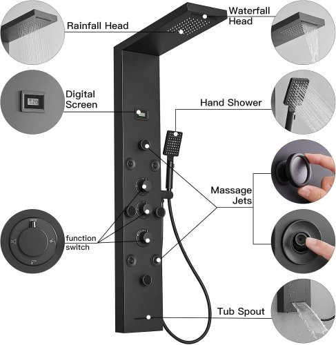BWE 6-IN-1 SHOWER PANEL TOTAL TOWER SHOWER SYSTEM WITH JETS / HAND-HELD SHOWER & TEMP DISPLAY - BLACK (MODEL: BWEP07-BLACK) image 2
