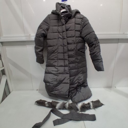 WOMEN'S HOODED PUFFER COAT WITH FAUX FUR COLLAR - MEDIUM - GREY image 2