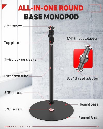 2PK EMART ROUND BASE LIGHT STAND MONOPOD FOR CAMERAS - 79" - BLACK (MODEL: RB-A400) image 2
