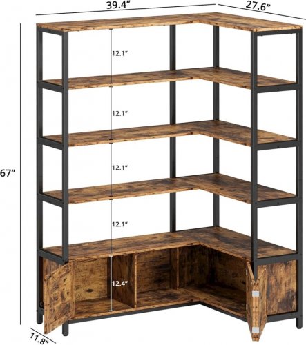 IRONCK VINTAGE INDUSTRIAL WOODEN CORNER BOOKCASE STORAGE SHELF - 67" X 39" X 28" - RUSTIC BROWN/BLACK - (MODEL: HK-ZJSG-02) image 2
