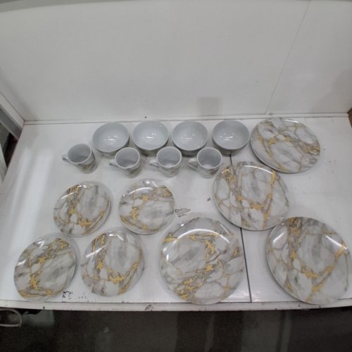 16PC SAFDIE&CO. PRINTED PORCELAIN DINNER SET PLATES BOWLS AND MUGS - GOLD MARBLE (ITEM: HK03884EC) image 2