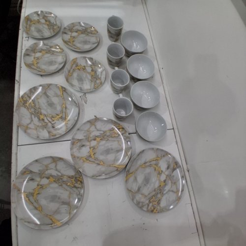 16PC SAFDIE&CO. PRINTED PORCELAIN DINNER SET PLATES BOWLS AND MUGS - GOLD MARBLE (ITEM: HK03884EC) image 3
