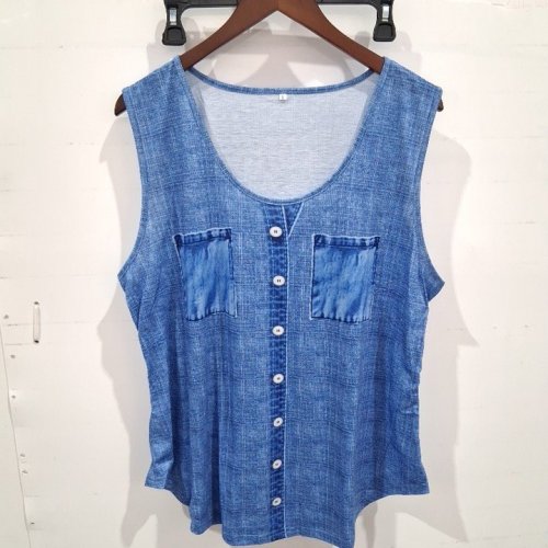 WOMEN'S SLEEVELESS FAUX DEMIN TANK TOP - LARGE - BLUE image 2