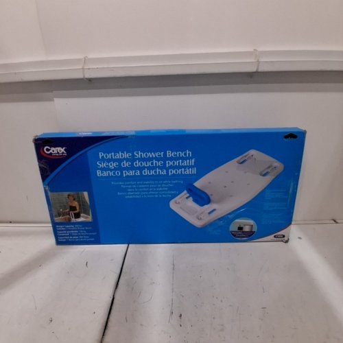 CAREX PORTABLE SHOWER BENCH - 31" X 15" - 300LB CAP - WHITE/BLUE image 3