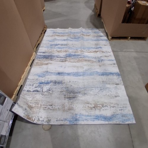 WASHABLE NON-SLIP NON-SHEDDING LOOP PILE VINTAGE DISTRESSED BOHO RUG FOR DOOR MAT, KITCHEN, FLOOR, ENTRYWAY, POWDER ROOM - 6FT X 9FT - WHITE, BLUE, AND BEIGE image 2