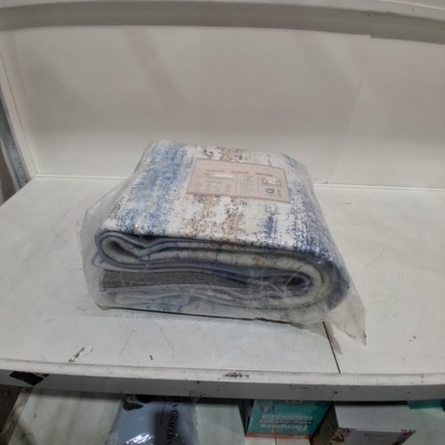 WASHABLE NON-SLIP NON-SHEDDING LOOP PILE VINTAGE DISTRESSED BOHO RUG FOR DOOR MAT, KITCHEN, FLOOR, ENTRYWAY, POWDER ROOM - 6FT X 9FT - WHITE, BLUE, AND BEIGE image 4
