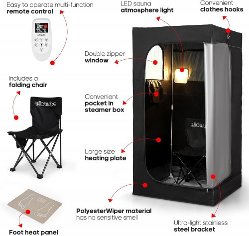 WILLOWYBE PORTABLE INFRARED HOME SAUNA TENT WITH FOOT HEATING PAD, CHAIR, AND LED WARM LIGHT - DRY SAUNA BOX - BLACK image 2