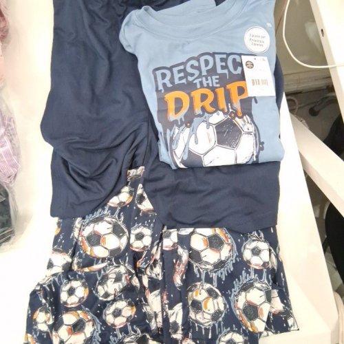 3PC KID'S GEORGE SOCCER PRINT PAJAMA SET WITH SHORT SLEEVE SHIRT, SHORTS AND LONG PANTS - EXTRA LARGE (14/16) - BLUE image 2