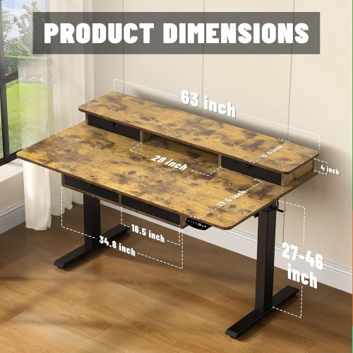 EXADESK ELECTRIC STANDING DESK WITH MONITOR SHELF & STORAGE DRAWERS - 60" X 30" - RUSTIC BROWN/BLACK - (MODEL: S23) image 2