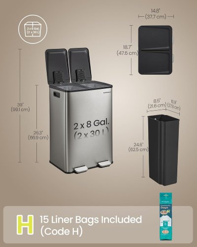 SONGMICS DUAL STEP LID TRASH CAN WITH PLASTIC INNER BUCKETS AND HINGED LIDS - 2 X 30 L BINS - SILVER (MODEL: LTB741EZ01) image 2